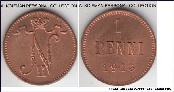 KM-13, 1913 Finland (Grand Duchy) penni; bronze, plain edge; red-brown uncirculated, nice small coin.