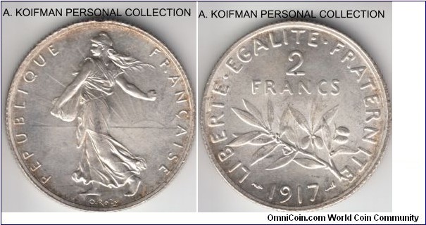 KM-845.1, 1917 France 2 francs; silver, reeded edge; bright lightly and pleasantly toned uncirculated, common but good looking.