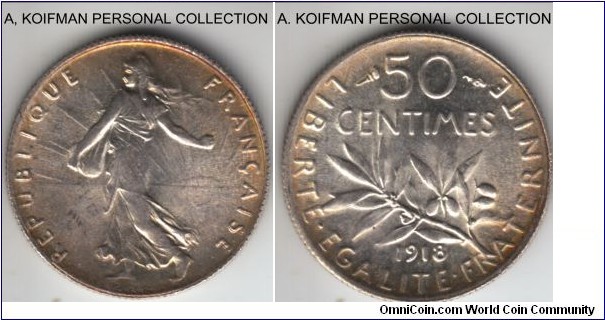 KM-854, 1918 France 50 centimes; silver, reeded edge; common but very night bright uncirculated with peripheral toning.