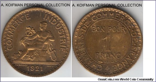 KM-876, 1921 France franc; aluminum-bronze, reeded edge; red-brown uncirculated.