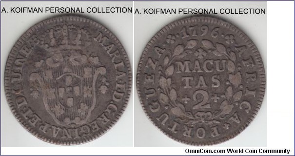 KM-35, 1796 Portuguese Angola 2 macutas; silver, corded edge; good very fine or better, scarce, mintage of 20,000.