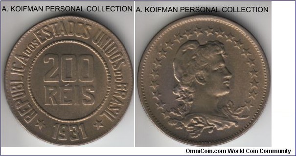 KM-519, 1931 Brazil 200 reis; copper-nickel, plain edge; lightly toned uncirculated.
