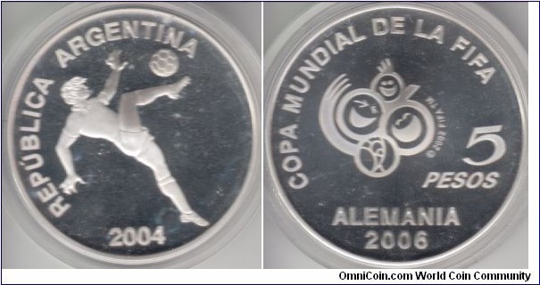 KM-146, 2004 Angentina 5 pesos; proof, silver, reeded edge; FIFA - XVIII World Football Championship - Germany 2006 commemorative issue, maximum mintage of 50,000, deep cameo.