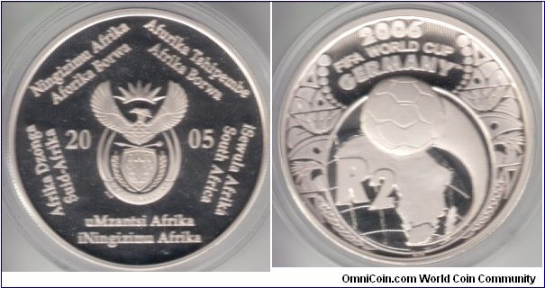 KM-373, 2005 South Africa 2 rands; proof, silver, reeded; deep cameo coin issued toward 2006 FIFA World Cup in Germany, maximum mintage of 50,000.