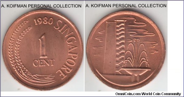 KM-1a, 1980 Singapore cent; copper clad steel, plain edge; red uncirculated.