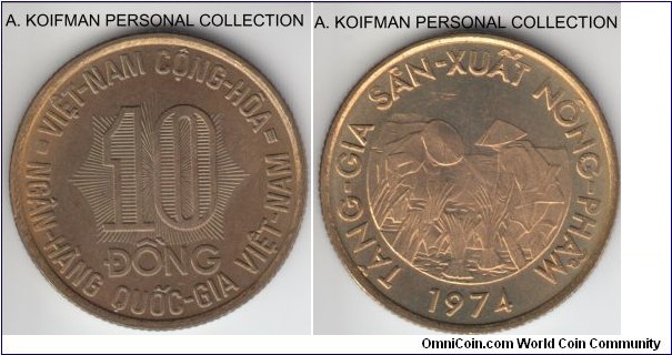 KM-13, 1974 South Vietnam 10 dong; brass clad steel, reeded edge; reddish uncirculated.