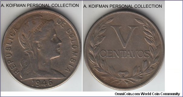 KM-199, 1946 Colombia 5 centavos; copper-nickel, plain edge; very fine or about, not sure if this is a large or a small date variety.