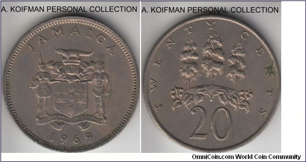 KM-48, 1969 Jamaica 20 cents; copper-nickel, reeded edge; extra fine or about, toned.