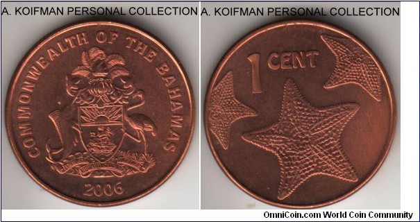 KM-218.1, 2006 Bahamas cent; copper plated zinc, plain edge; red uncirculated.