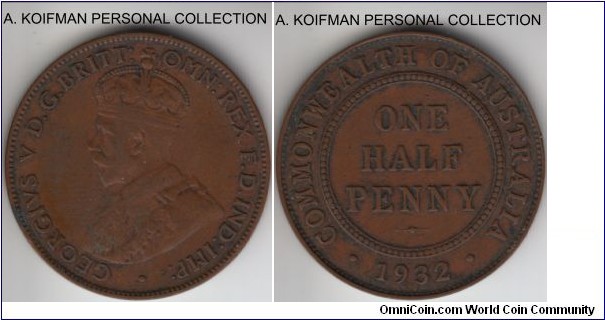 KM-22, 1933 Australia half penny, Melbourne mint; bronze, plain edge; brown very fine or so, no particular problems.