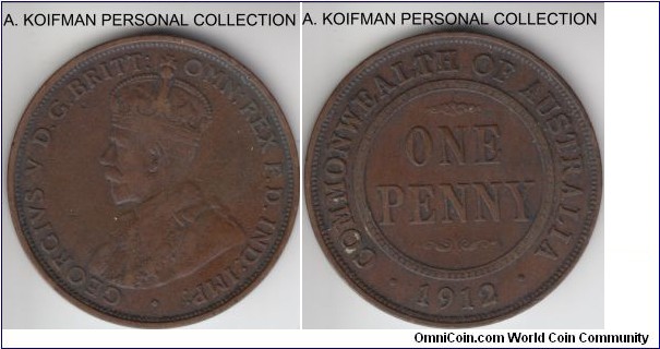 KM-23, 1912 Australia penny, Heaton mint (H mint mark), bronze, plain edge; about very fine dark brown.