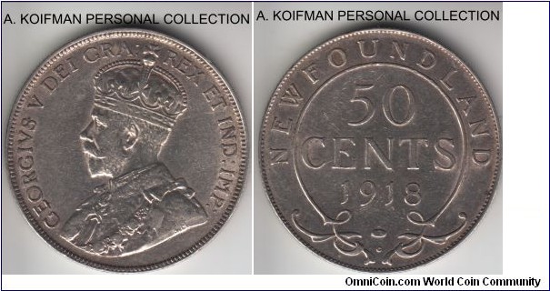 KM-12, 1918 Newfoundland 50 cents, Ottawa mint (C mint mark); silver, reeded edge; good very fine or higher, may have been wiped.