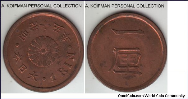 Y#15, Meiji Yr.15 (1882) Japan rin; copper, plain edge; tiny uncirculated coin, more than 50% red (scan's don't quite show it) with nice struck surfaces.
