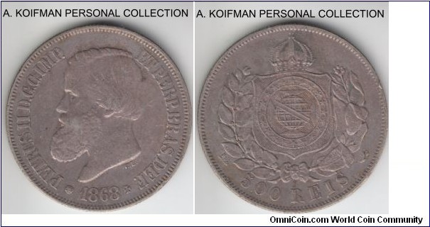 KM-472, 1868 Brazil (Empire) 500 reis; silver, reeded edge; good very fine, toned, few scattered marks here and there.