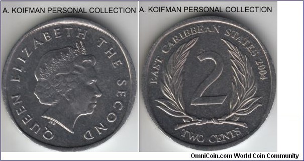 KM-35, 2004 East Caribbean States 2 cents; aluminum, plain edge; uncirculated or about.