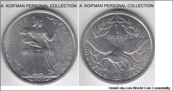 KM-10, 1977 New Caledonia franc; aluminum, plain edge; brilliant uncirculated.