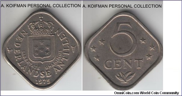 KM-13, 1975 Netherlands Antilles 5 cents; copper-nickel, plain edge, square flan; extra fine or so, seems to be weakly struck.