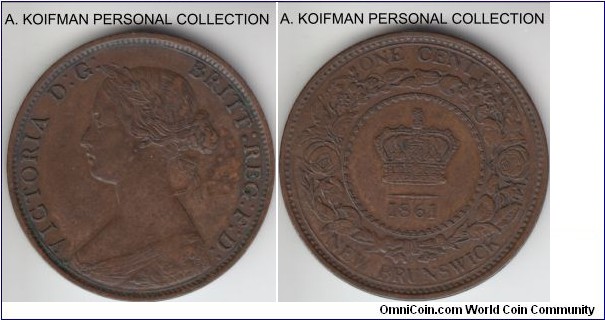 KM-6, 1861 New Brunswick (Canadian Confederation) cent; bronze, plain edge; nice brown good extra fine or better.