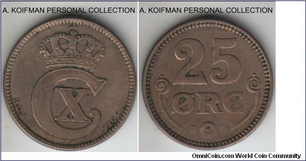 KM-815.a2, 1920 Denmark 25 ore; copper-nickel, reeded edge; very fine or so.
