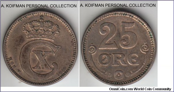 KM-815.2, 1919 Denmark 25 ore; silver, plain edge; about extra fine to extra fine.
