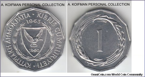 KM-38, 1963 Cyprus mil; aluminum, plain edge, 12-sided flan; uncirculated or about.