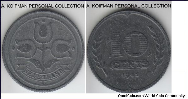 KM-173, 1941 Netherlands 10 cents; zinc, reeded edge; German occupation issued coinage, maybe uncirculated.