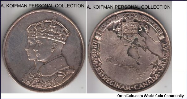 1939 Canada medal; silver, plain edge; George VI Royal Visit collemorative medal, toned in places, about uncirculated.