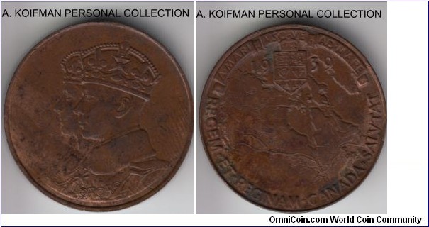 1939 Canada medal; bronze, plain edge, 25 mm; George VI Royal Visit commemorative small medal, brown toned and few stains in places, uncirculated or so.