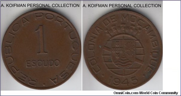KM-74, 1945 Portuguese Mozambique (Colony) escudo; bronze, reeded edge; one year issue, brown good very fine or better.