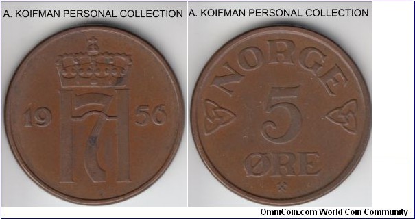 KM-400, 1956 Norway 5 ore; bronze, plain edge; good very fine to extra fine, not much wear, common but good.