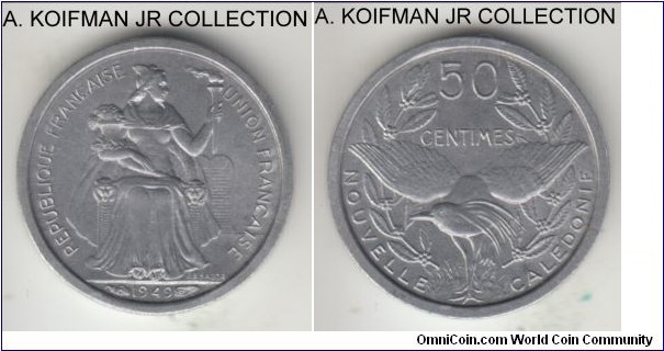 KM-1, 1949 New Caledonia 50 centimes; aluminum, plain edge; French Pacific Ocean overseas territory, lightly toned uncirculated.