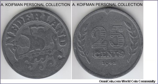 KM-174, 1941 Netherlands 25 cents; zinc, plain edge; German occupation issued coinage, uncirculated or about.