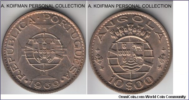 KM-79, 1969 Portuguese Angola 10 escudos; copper-nickel, reeded edge; average uncirculated toned.