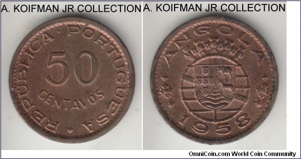 KM-75, 1958 Portuguese Angola 50 centavos; bronze, plain edge; common Portuguese colonial issue, red brown uncirculated.