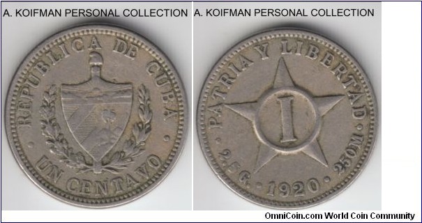 KM-9.1, 1920 Cuba centavo; copper-nickel, plain edge; very fine or so.