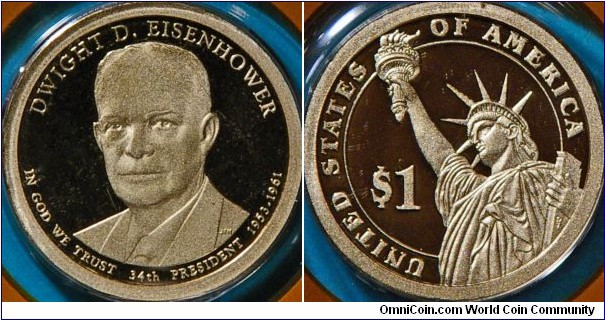 Dwight Eisenhower, 34th President, $1 coin series. Distinguished general of WW2, created the Interstate Highway system, signed the forming of NASA and admitting Alaska and Hawaii to the union. (Ref. http://www.usmint.gov/mint_programs/$1coin/?action=DDEisenhower)