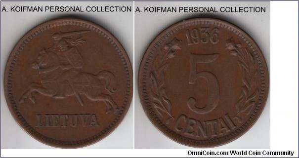KM-81, 1936 Lithuania 5 centai; bronze, plain edge; brown extra fine or better.
