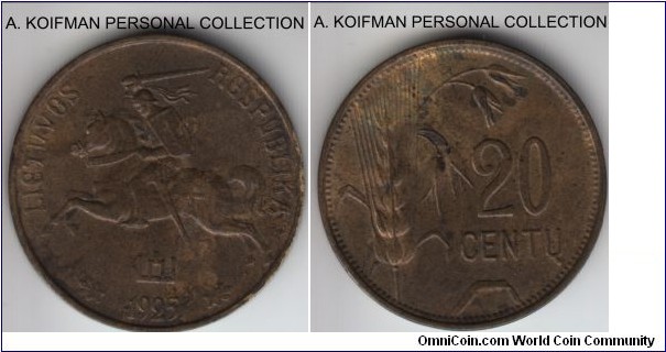 KM-74, 1925 Lithuania 20 centu; aluminum-bronze, plain edge; good extra fine or better, unevenly toned.