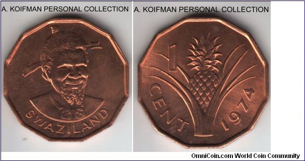 KM-7, 1974 Swaziland cent; bronze, plain edge, 12-sided flan; red, uncirculated but with the carbon spot.