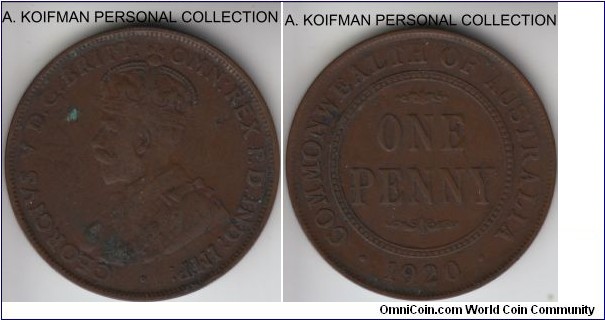 KM-23, 1920 Australia penny, Melbourne or Sydney mints (no mint mark); bronze, plain edge; no dots variety, coin is in fine or so condition, but this seems to be a scarcer variety although of course there is a chance that someone tools over the dot(s), but this variety was still missing in my 2013 Krause, so this is a new addition.