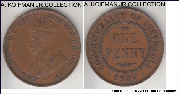 KM-23, 1927 Australia penny, Melbourne mint (no mint mark); bronze, plain edge; George V, about very fine.