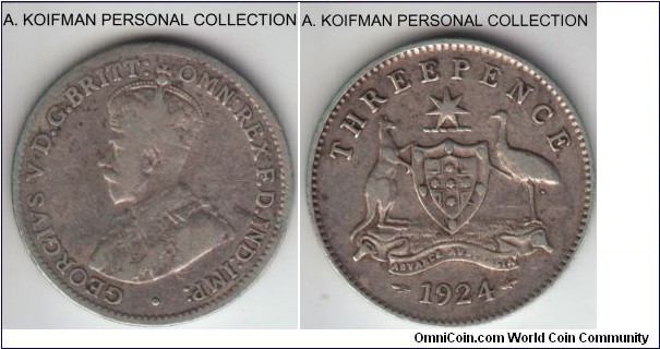 KM-24, 1924 Australia 3 pence; silver, reeded edge; fine or so, scarcer year it appears.