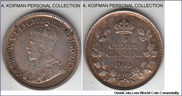 KM-22, 1913 Canada 5 cents; silver, reeded edge; very fine or so.