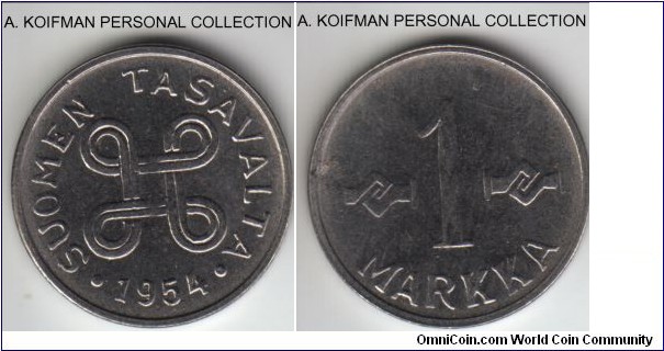KM-36a, 1954 Finland markka; nickel plated iron, plain edge; average uncirculated, bright because of the nickel plating.