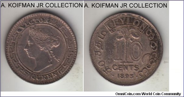 KM-94, 1893 Ceylon 10 cents; silver, reeded edge; Victoria, uncirculated or almost details, interesting mint defect - the coin is concave toward reverse, may have been a bad pair of dies, or a minting press as a lot of Ceylon coins have uneven reverse center wear, some toning.