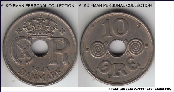 KM-4, 1941 Faeroe Islands 10 ore; copper-nickel, plain edge; extra fine or so, a couple of spots on reverse.