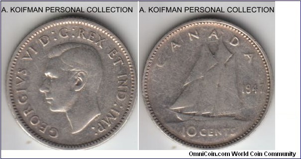 KM-34, 1947 Canada 10 cents; silver, reeded edge; very fine or about, no maple leaf variety.