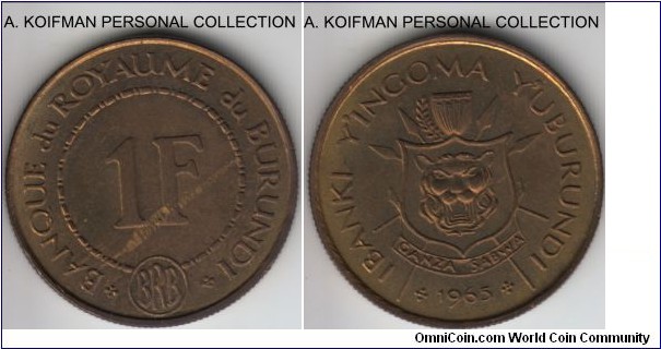 KM-6, 1965 Burundi franc; brass, reeded edge; dark red brown uncirculated.