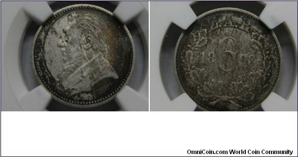 KM-4, 1893 South Africa 6 pence; silver, reeded edge; unevenly toned, NGC graded XF 45, mintage 96,000.