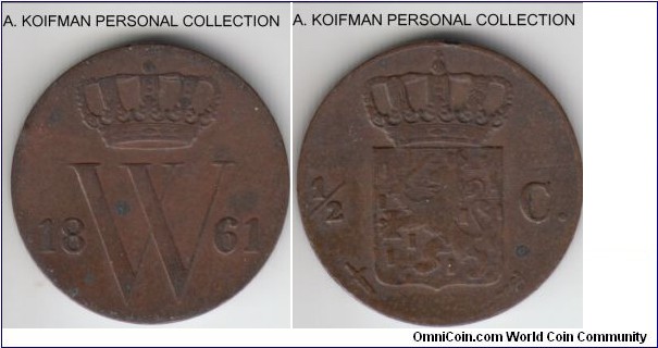 KM-90, 1861 1/2 cent; copper, plain edge; brown, very fine or so.